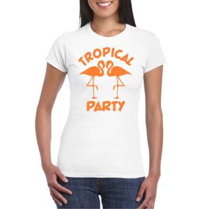 Tropical party T-shirt voor dames - met glitters - wit/oranje - carnaval/themafeest