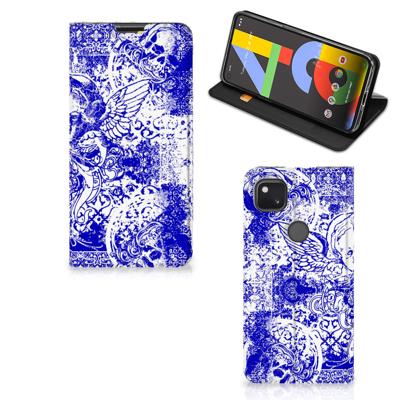 Mobiel BookCase Google Pixel 4a Angel Skull Blauw Mobiel BookCase Google Pixel 4a Angel Skull Blauw