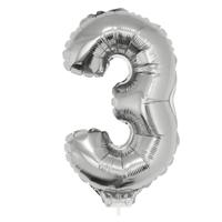 Zilveren opblaas cijfer ballon - 3 jaar - op stokje - H41 cm - Leeftijd versiering