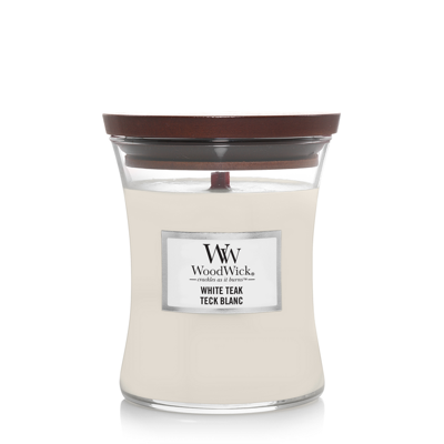 WoodWick Geurkaars Medium White Teak - 11 cm / ø 10 cm - Geurkaars in Glas - Houten Lont