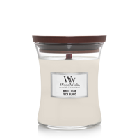 WoodWick Geurkaars Medium White Teak - 11 cm / ø 10 cm - Geurkaars in Glas - Houten Lont