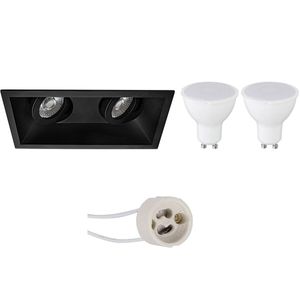 LED Spot Set - Pragmi Zano Pro - GU10 Fitting - Dimbaar - Inbouw Rechthoek Dubbel - Mat Zwart - 6W - Warm Wit 3000K - Kantelbaar - 185x93mm