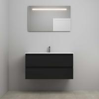 On-Line Badkamermeubelset - 100 cm - Voorgemonteerd - Porseleinen Wastafel - 1 Kraangat - Spiegel met LED-Verlichting - Mat Zwart
