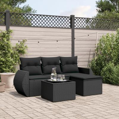 5-delige Loungeset met kussens poly rattan zwart