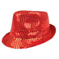 Boland Carnaval verkleed trilby hoedje - pailletten - Rood - volwassenen - Glitter and Glamour