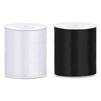 2x rollen hobby decoratie satijnlint zwart-wit 10 cm x 25 meter - thumbnail