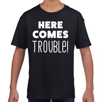 Here comes trouble tekst t-shirt zwart kids - thumbnail