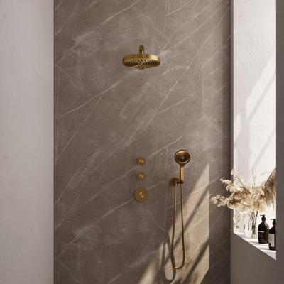 BRAUER Stripe Thermostatische Inbouw Regendouche - SET 04 - 25cm douchekop - rechte muurarm - 3-standen handdouche - doucheslang - wandaansluitbocht - goud geborsteld PVD 5-GG-371