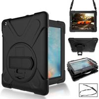 360 graden rotatie siliconen beschermhoes met houder en hand riem en lange riem voor iPad 5/iPad Air (zwart)