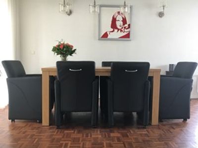 Set van 6 leren eetkamerfauteuils - met armleuning en wieltjes - zwart leer - Echt leer, Modern, ontdek de vele Leersoorten en Kleuren bij ShopX