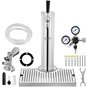 VEVOR Kegerator Tower Kit, Single Tap Beer Conversion Kit, roestvrijstalen vat biertorendispenser met dubbele meter W21.8 regelaar en A-systeem vatkoppeling, bierlekbak voor thuisfeest