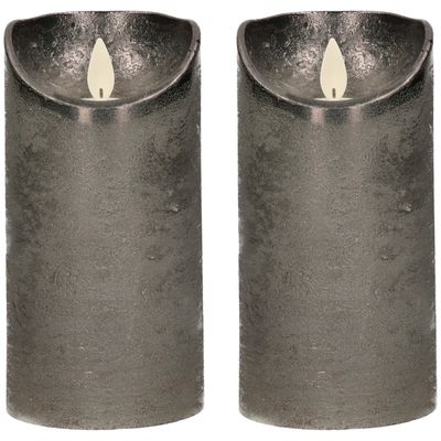 2x Antraciet LED kaarsen / stompkaarsen met bewegende vlam 15 cm