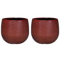 Set van 2x stuks bloempotten bordeaux rood ribbels keramiek voor kamerplant H14 x D16 cm - Plantenpotten - thumbnail