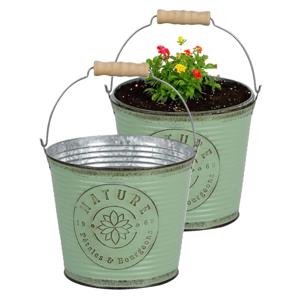 Plantenpot/bloempot emmer voor buiten - 2x - zink - jadegroen - D17 x H14 cm