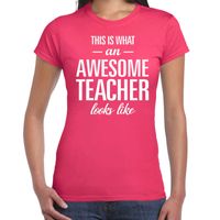 Cadeau t-shirt voor dames - awesome teacher - docent/lerares bedankje - juffendag - roze - thumbnail