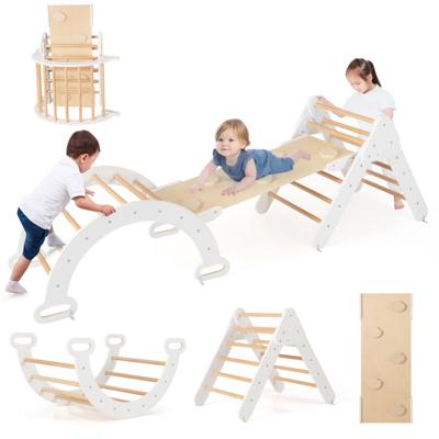 Set van 3 Houten Klimtoestellen voor Peuters met Driehoeken/Bogen/Klimhellingen Montessori-klimset voor Kinderen Vanaf 1 Jaar-Grijsachtig wit