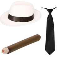 Smiffys - Gangster/maffia verkleed set hoed wit/zwart met stropdas en sigaar   - - thumbnail