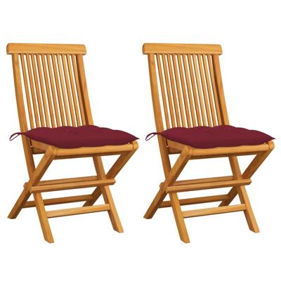 Tuinstoelen 2 st met wijnrode kussens massief teakhout