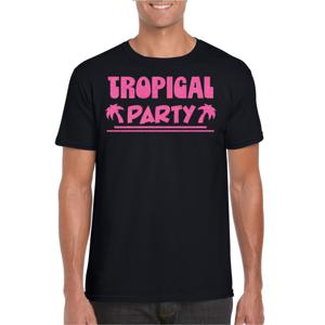 Tropical party T-shirt voor heren - met glitters - zwart/roze - carnaval/themafeest