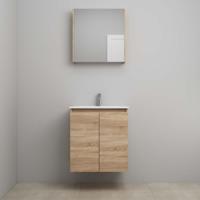 On-Line Badkamermeubelset - 60 cm - Bouwpakket - Greeploos 2 Deuren - Porseleinen Wastafel - 1 Kraangat - Spiegelkast - Eiken