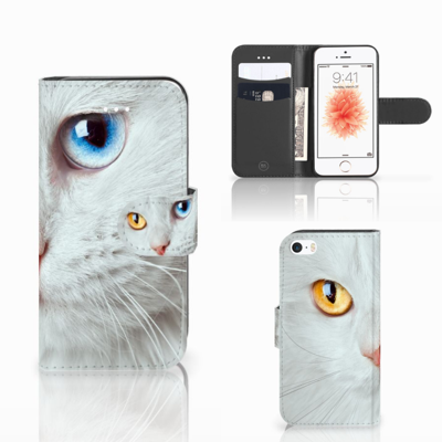 Apple iPhone 5 | 5s | SE | Telefoonhoesje | Met pasjeshouder | Witte Kat