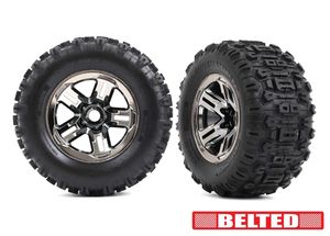 Traxxas - Tires & wheels, assembled, glued (3.8' black chrome wheels, belted Sledgehammer tires, foam inserts) (2) (TRX-9573A)