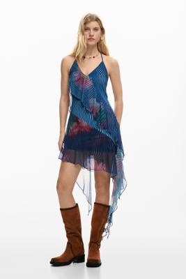 Gerafelde jurk met ruches - BLUE - M