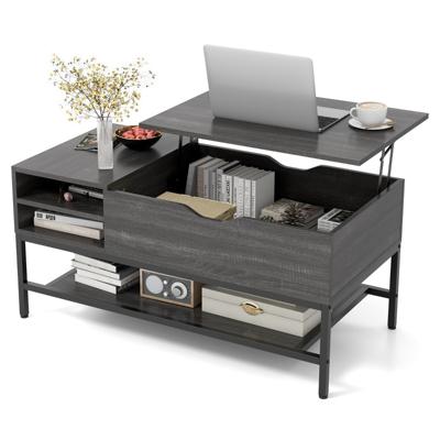 Salontafel met Opklapbaar Blad Salontafel met Verborgen Vak en Verwijderbare Opbergplank Opvouwbare Centrale Tafel Grijs/Wit