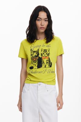 T-shirt met korte mouwen en kattenprint - GREEN - L