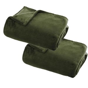 2x Stuks Fleece deken/fleeceplaid olijf groen 125 x 150 cm polyester