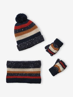 Gestreepte set van muts + snood + handschoenen voor jongens marine