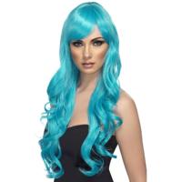 Lange turquoise blauw damespruik - pony - pruiken - dames - synthetisch - verkleden