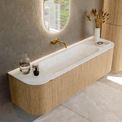 Badmeubel Mondiaz Kurve-Dlux | 160 cm | Meubelkleur Oak | Wastafelkleur Opalo | Solid surface | Midden spoelbak | Zonder kraangat(en)
