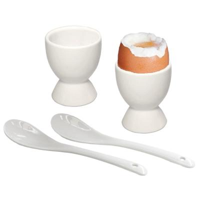 HI Eierdopjes - 2x stuks met lepel - keramiek - 6 cm - wit - eierdop