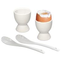 HI Eierdopjes - 2x stuks met lepel - keramiek - 6 cm - wit - eierdop
