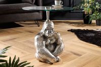 Ronde bijzettafel KONG 50cm zilverkleurig metalen glazen aapfiguur gorilla sculptuur - 43204