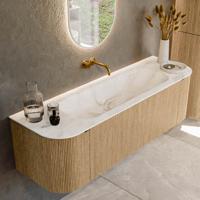 Badmeubel Mondiaz Kurve-Dlux | 150 cm | Meubelkleur Oak | Wastafelkleur Frappe | Solid surface | Midden spoelbak | Zonder kraangat(en) Badmeubel Mondiaz Kurve-Dlux | 150 cm | Meubelkleur Oak | Wastafelkleur Frappe | Solid surface | Midden spoelbak | Zonder kraangat(en)