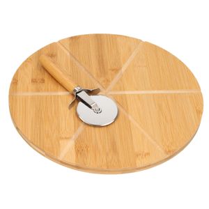 Pizza serveerplank met pizzasnijder - bamboe/hout - 32 cm - rond - snijplank/keukenhulpje