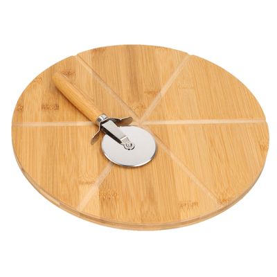 Pizza serveerplank met pizzasnijder - bamboe/hout - 32 cm - rond - snijplank/keukenhulpje