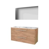 Basic-Line Basic 46 Badkamermeubelset - 120 x 46 cm - Met Grepen - 2 Lades - Keramische Wastafel - 2 Kraangaten - Spiegel - Whisky Oak