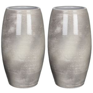 2x stuks bloemenvaas shiny lightgrey stone keramiek voor boeketten/takken/bloemen H50 x D30 cm