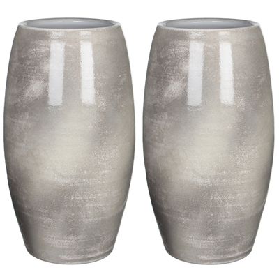 2x stuks bloemenvaas shiny lightgrey stone keramiek voor boeketten/takken/bloemen H50 x D30 cm