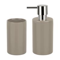 Badkamer accessoires set - zeeppompje/drinkbeker - porselein - beige