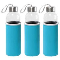 Sport waterfles/drinkfles - 3x - met softshell beschermhoes blauw - 520 ml - Sportfles - Bidon