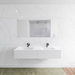 Mondiaz Lagom Cloud White badmeubel wit mat 160 cm 2 lades solid surface dubbele spoelbak 2 kraangaten