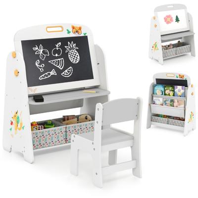Kinderstaander met Stoel Kindertafel met Boekenrek & Magnetisch Krijtbord & Whiteboard Grijs