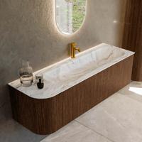 Badmeubel Mondiaz Kurve-Dlux | 145 cm | Meubelkleur Walnut | Wastafelkleur Glace | Solid surface | Rechts spoelbak | 1 kraangat