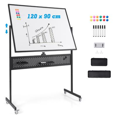 120 x 90 cm Dubbelzijdig Verplaatsbaar Whiteboard Magnetisch Whiteboard op Standaard met Geperforeerd Paneel en Accessoires-Zwart
