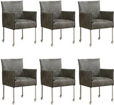 Set van 6 Donkergrijze leren moderne kuipstoel More - poot rond rvs met wiel - Kenia Leer Antracite (donkergrijs leer)