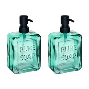 Luxe zeeppompje/dispenser PURE - 2x - groen transparant - glas - 18 x 10 cm - 570 ml